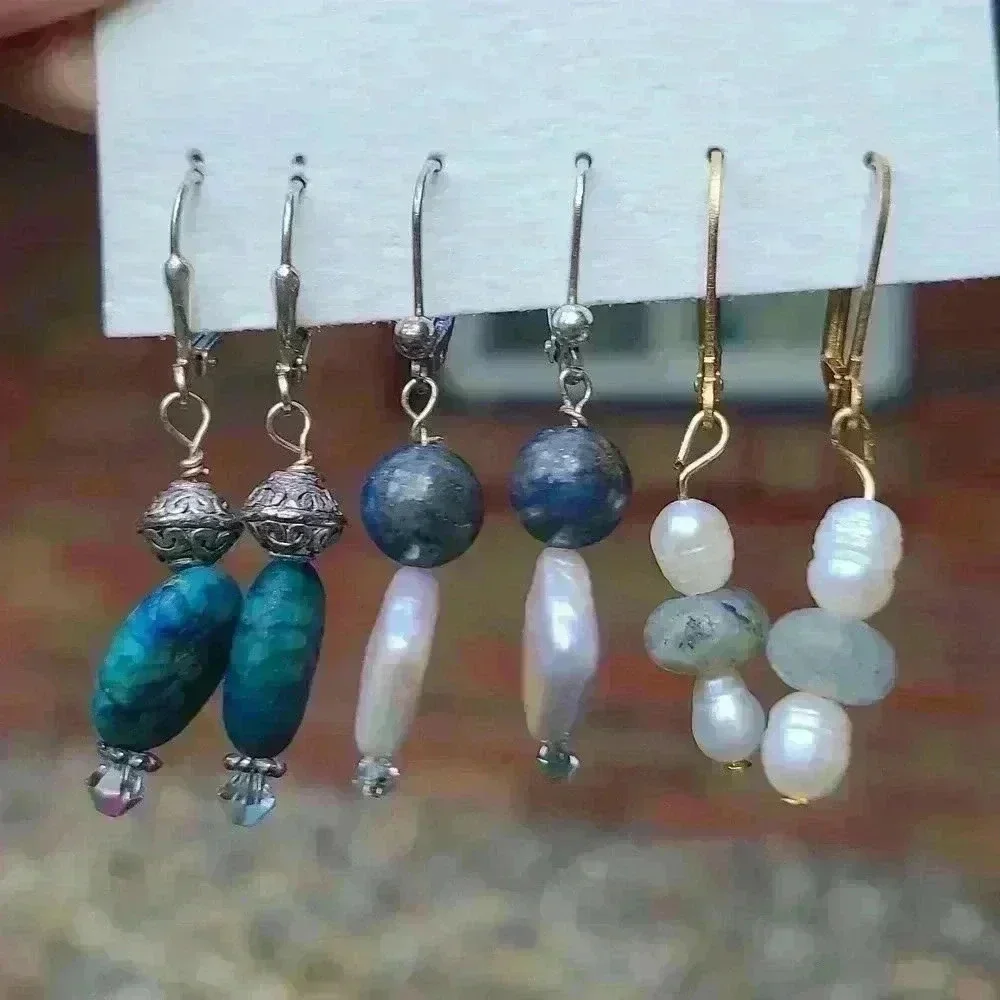 Vintage artisan handcrafted Dangl stones mothers of pearl turquoise earrings lot - Picture 8 of 12